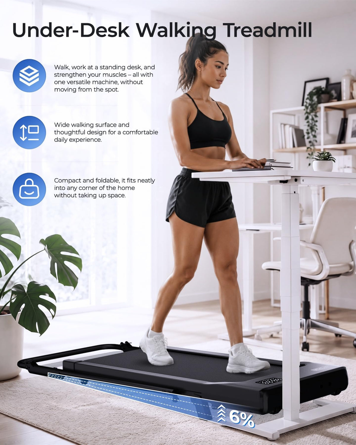 Under Desk Walking Pad with 6 Percent Incline 3 in 1 Portable Treadmill for Home Office Quiet Motor