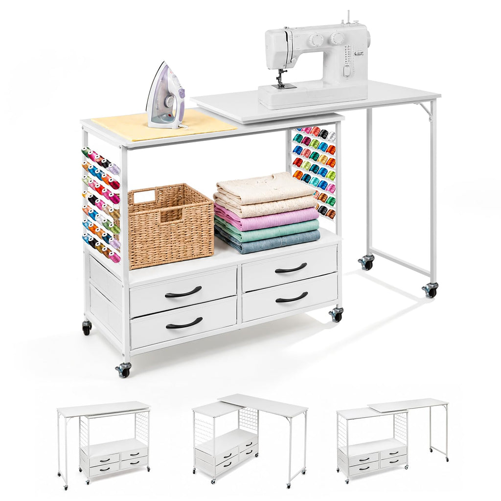 Folding sewing table with storage 46.5 inch 70 pegs and 4 drawers craft organizer for sewing room