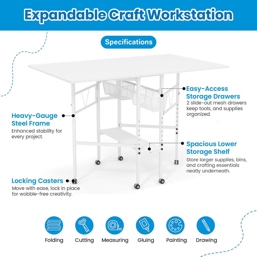 Folding adjustable height sewing craft table with drawers white home hobby workstation desk