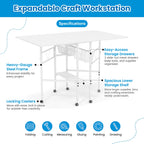 Folding adjustable height sewing craft table with drawers white home hobby workstation desk