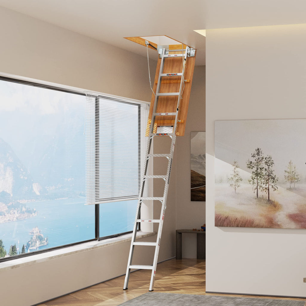 Aluminum Attic Ladder Pull Down System Attic Stairs Attic Lift 7'8 to 10'3 Ceiling 22.5 x 54 380 lbs Capacity