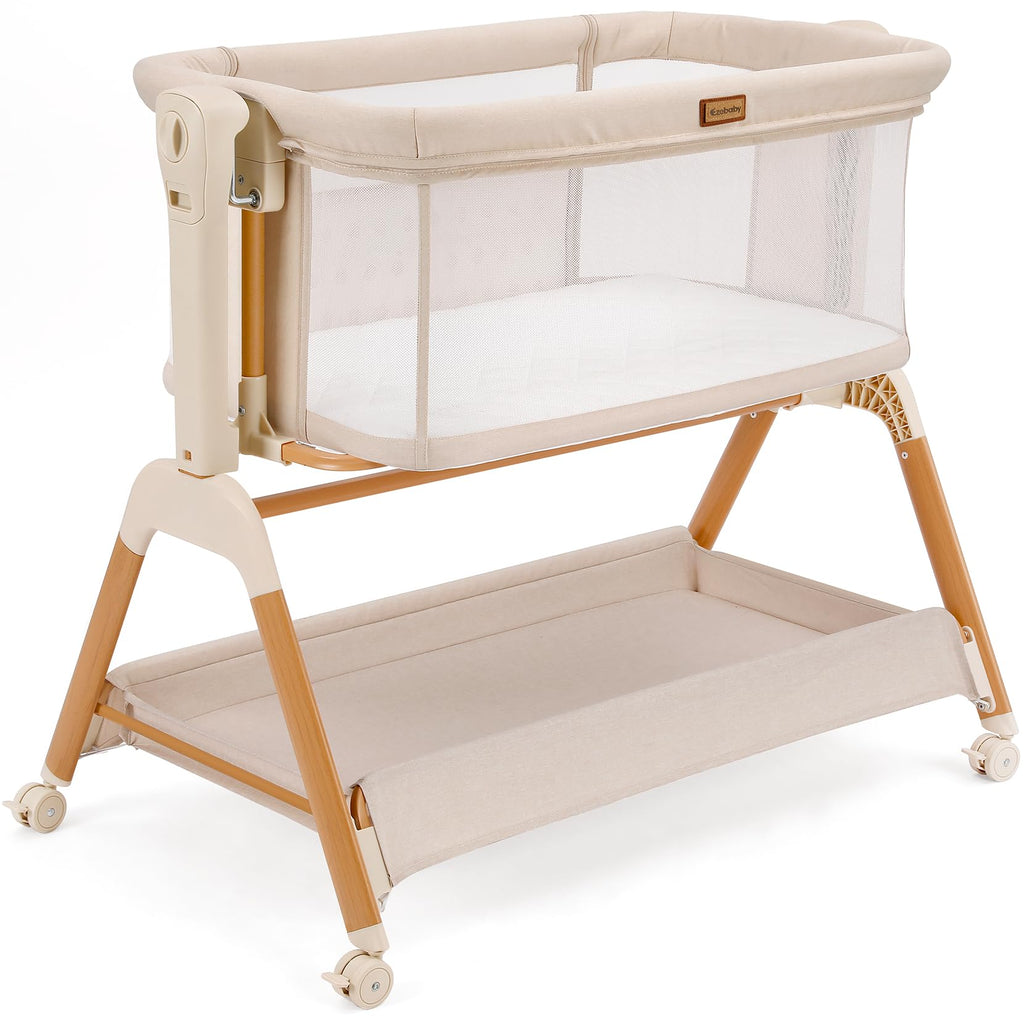 Bedside bassinet 3 in 1 rocking full mesh crib with mattress 6 height adjustable lockable wheels