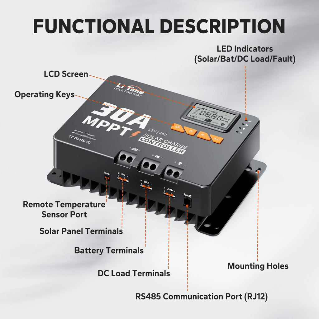 12V 24V 30A MPPT Solar Charge Controller with Bluetooth and LCD Display for Solar Panel System