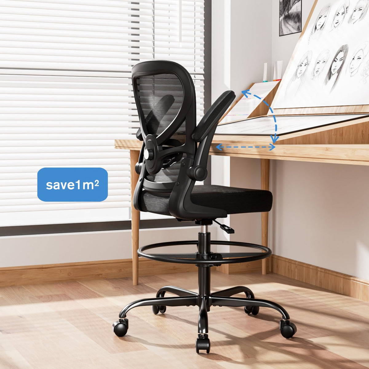 Standing Desk Drafting Chair with Footrest Ergonomic Mesh Lumbar Support Flip up Armrest Rolling Black