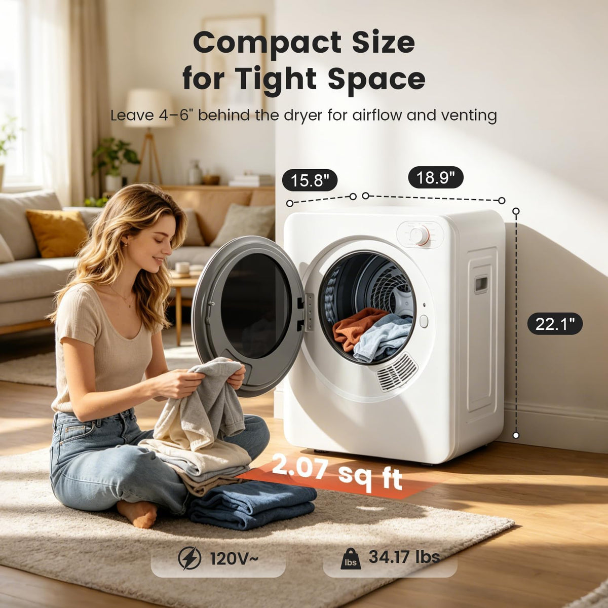 1.5 Cu Ft Portable Clothes Dryer 120V Vented Electric Dryer Compact Laundry Machine for Home Apartment