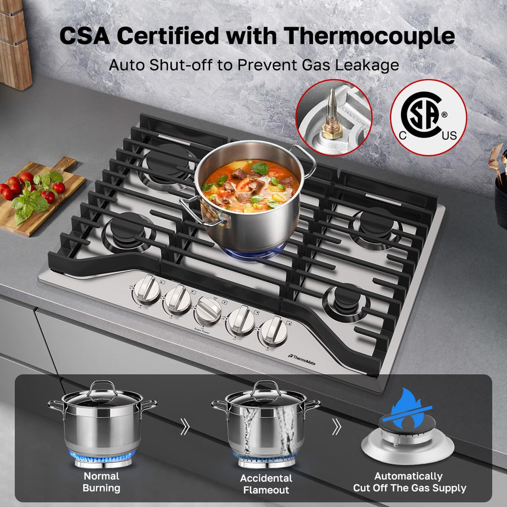 Heavy 30 Inch Gas Cooktop 5 Sabaf Burners 304 Stainless Steel Built In NG LPG Convertible Thermocouple