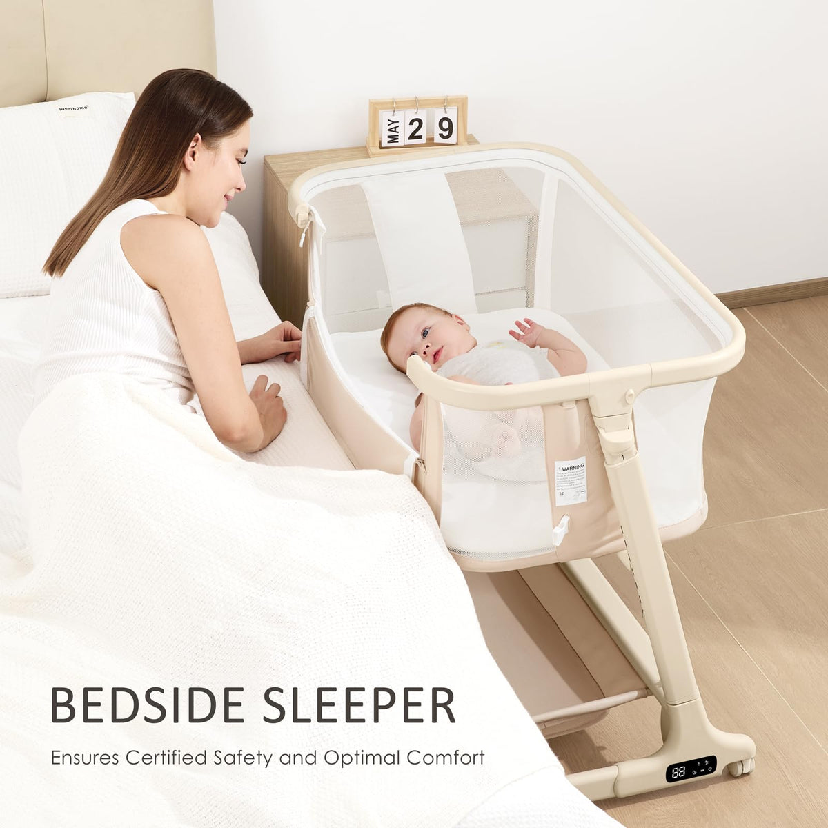 Electric Baby Bassinet Auto Rocking Bedside Sleeper 6 Heights Mattress Remote Control 5 Speeds 3 Timers Beige