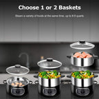 Stainless Steel Electric Food Steamer 8.5 Qt Glass Lid Double Tiered Stackable Baskets with Timer Model 2
