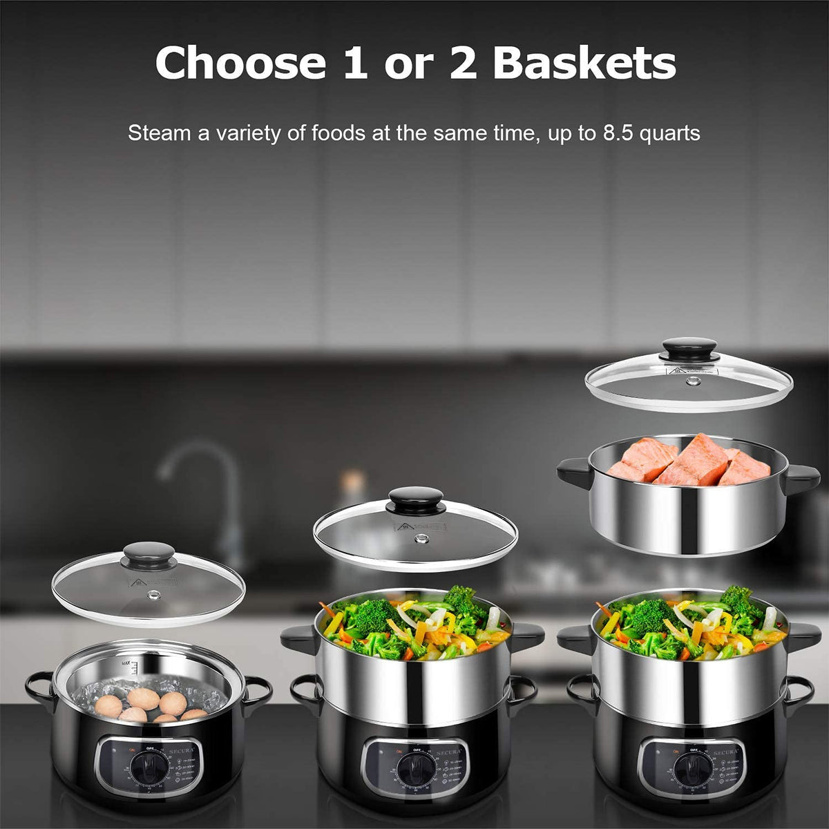 Stainless Steel Electric Food Steamer 8.5 Qt Glass Lid Double Tiered Stackable Baskets with Timer Model 2