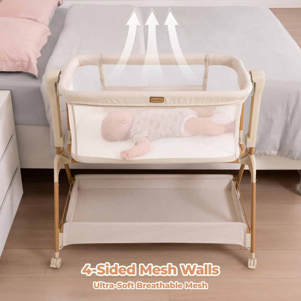 Bedside bassinet 3 in 1 rocking full mesh crib with mattress 6 height adjustable lockable wheels