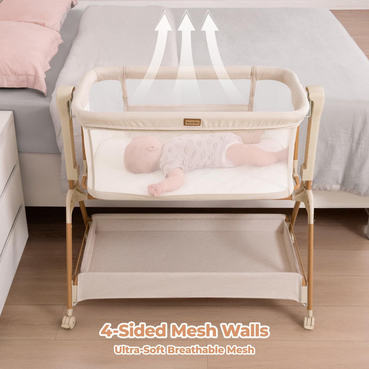 Bedside bassinet 3 in 1 rocking full mesh crib with mattress 6 height adjustable lockable wheels