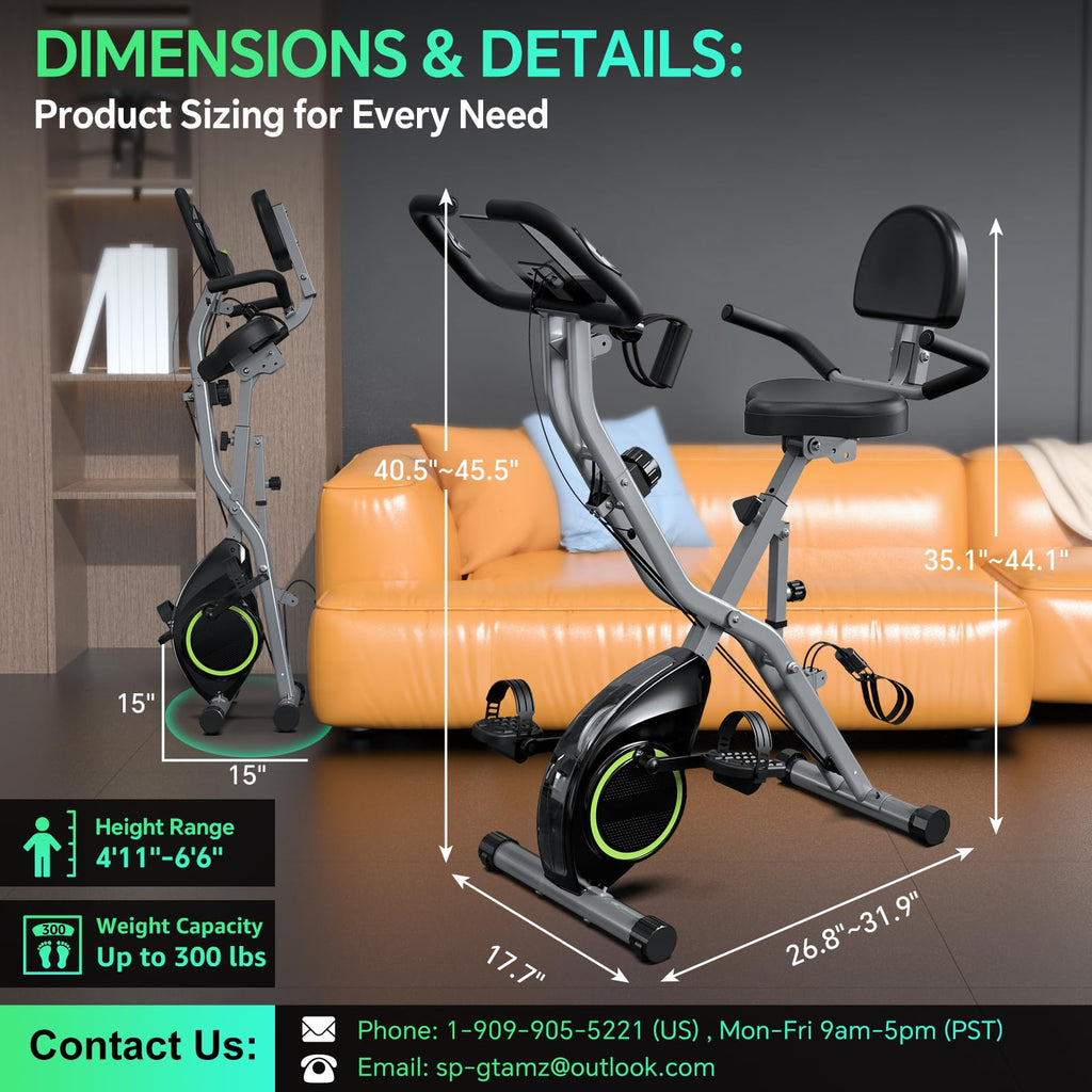 Foldable Exercise Bike 5 in 1 Workout Bike 16 Level Quiet Magnetic Resistance 6.6 lbs Flywheel 300 lb Capacity