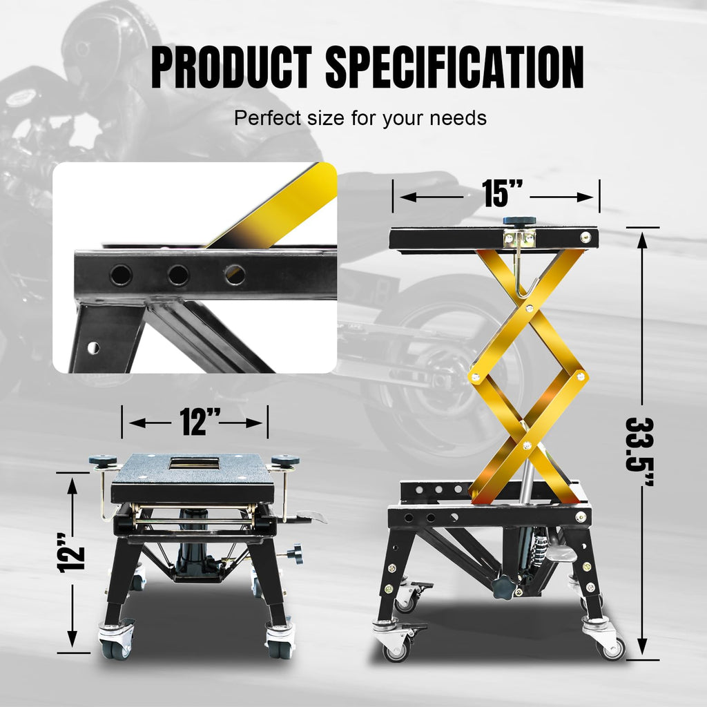 350 Lbs Motorcycle Lift Jack Table Hydraulic Foot Operated Scissor Lift for Bike Stand 4 Wheels Black