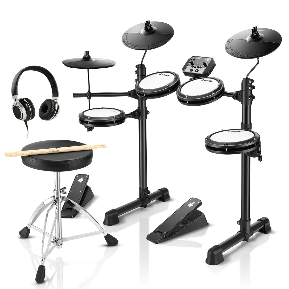 DED-80 Electronic Drum Set with 4 Quiet Mesh Pads 180+ Sounds 2 Pedals Throne Headphones Sticks Lessons