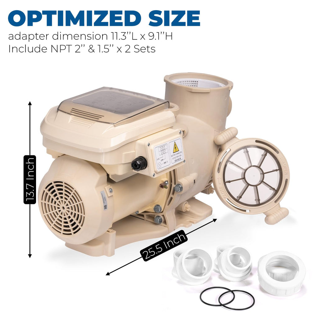 SuperFlow variable speed high flo pool pump inground 230V 1.5 and 2 inch adapter built in timer 2.2 horsepower