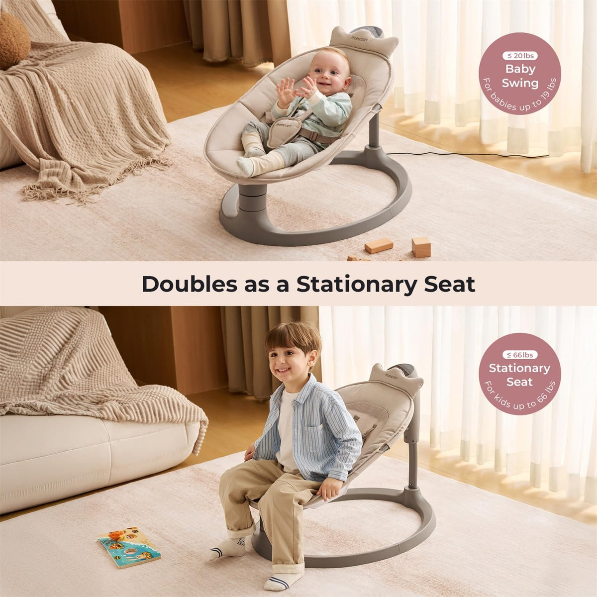 2-in-1 Electric Baby Swing, Dual-Arm Support System, Khaki
