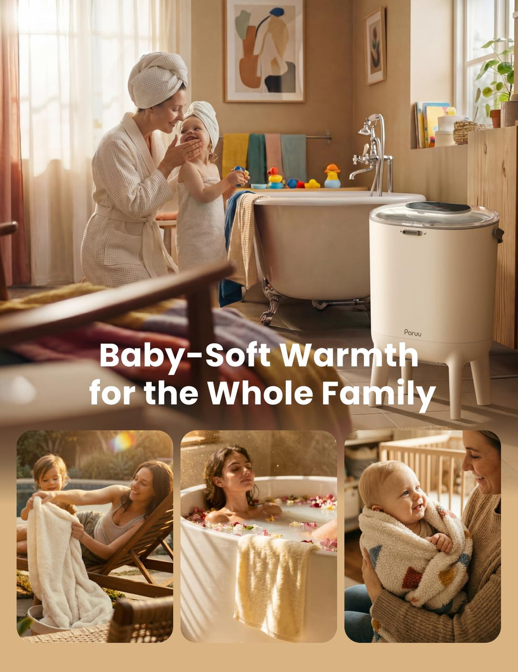 Towel warmer 2 in 1 heating and drying baby care LED display dual child lock auto shut off oversized towels