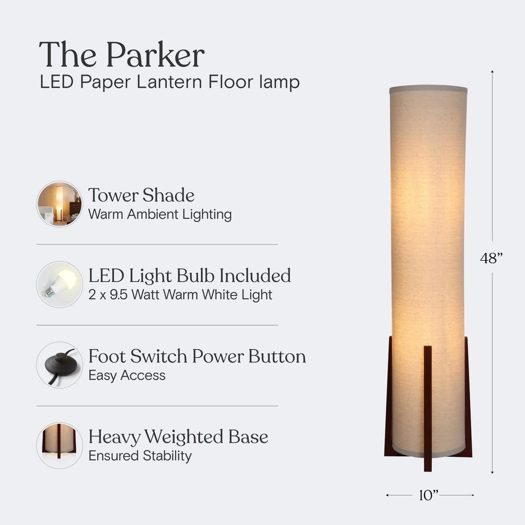 Parker Paper Lantern Floor Lamp 48 Inch Tall Wood Frame Asian Tower Shade for Bedroom Living Room Office Decor