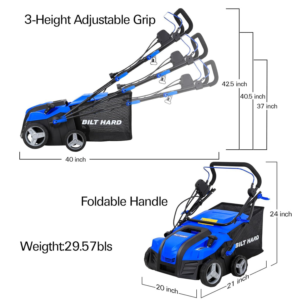 16 Inch Electric Dethatcher Scarifier 15A Copper Motor 5 Position Depth Adjust 14.5 gal Bag 2 in 1 Walk Behind