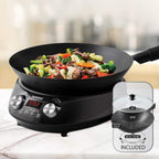 Electric induction wok with 3 wattages 600W 900W and 1500W 100°F to 575°F in 5°F cooking increments