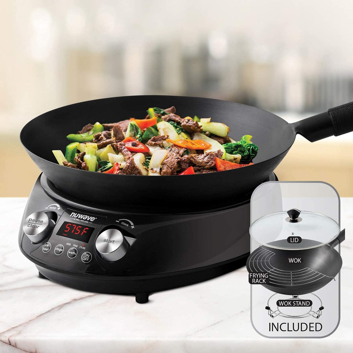 Electric induction wok with 3 wattages 600W 900W and 1500W 100°F to 575°F in 5°F cooking increments