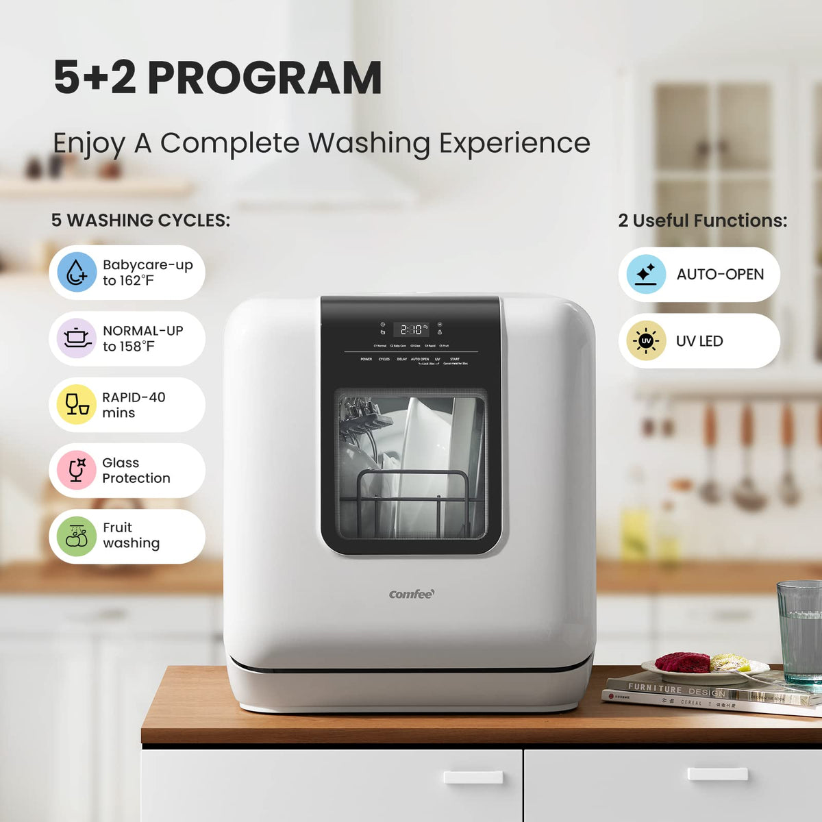 Countertop portable dishwasher 6L built in water tank 7 programs UV hygiene auto door open for apartments RVs