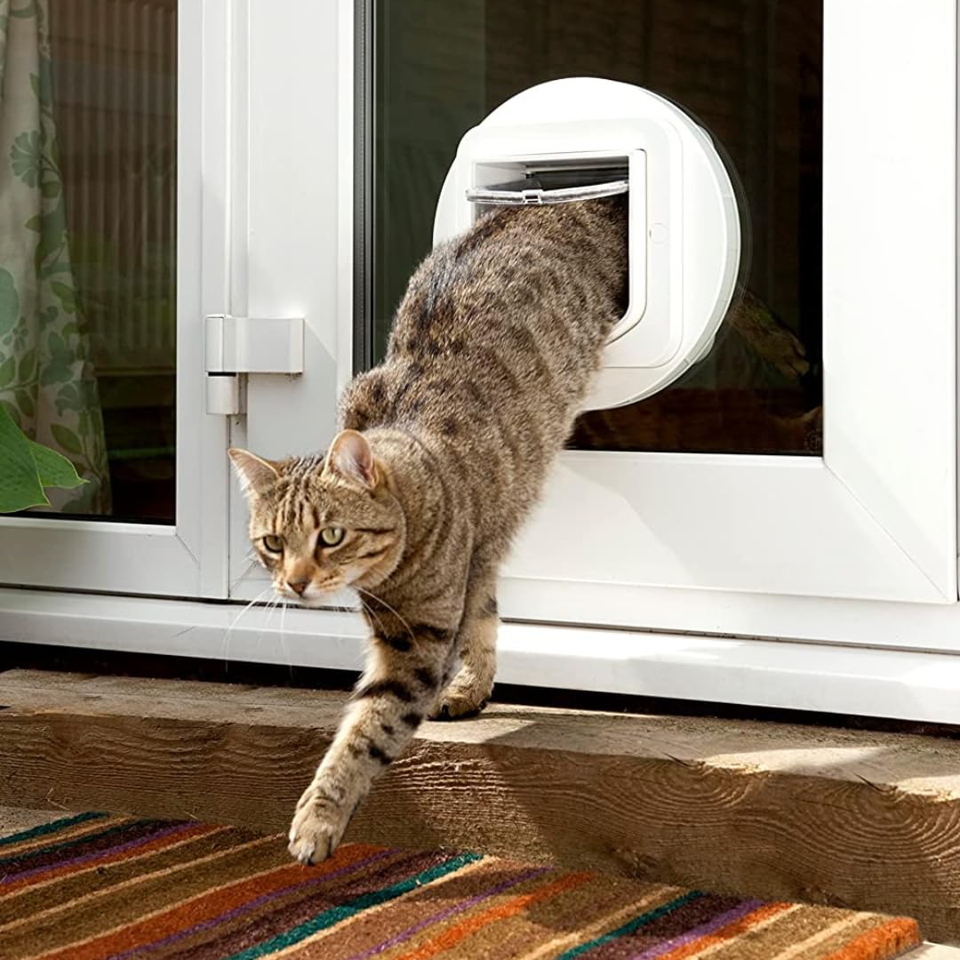 Microchip Cat Flap White Scans Pet ID on Entry Check Cat Size Flap Opening 4 3/4 H by 5 5/8 W