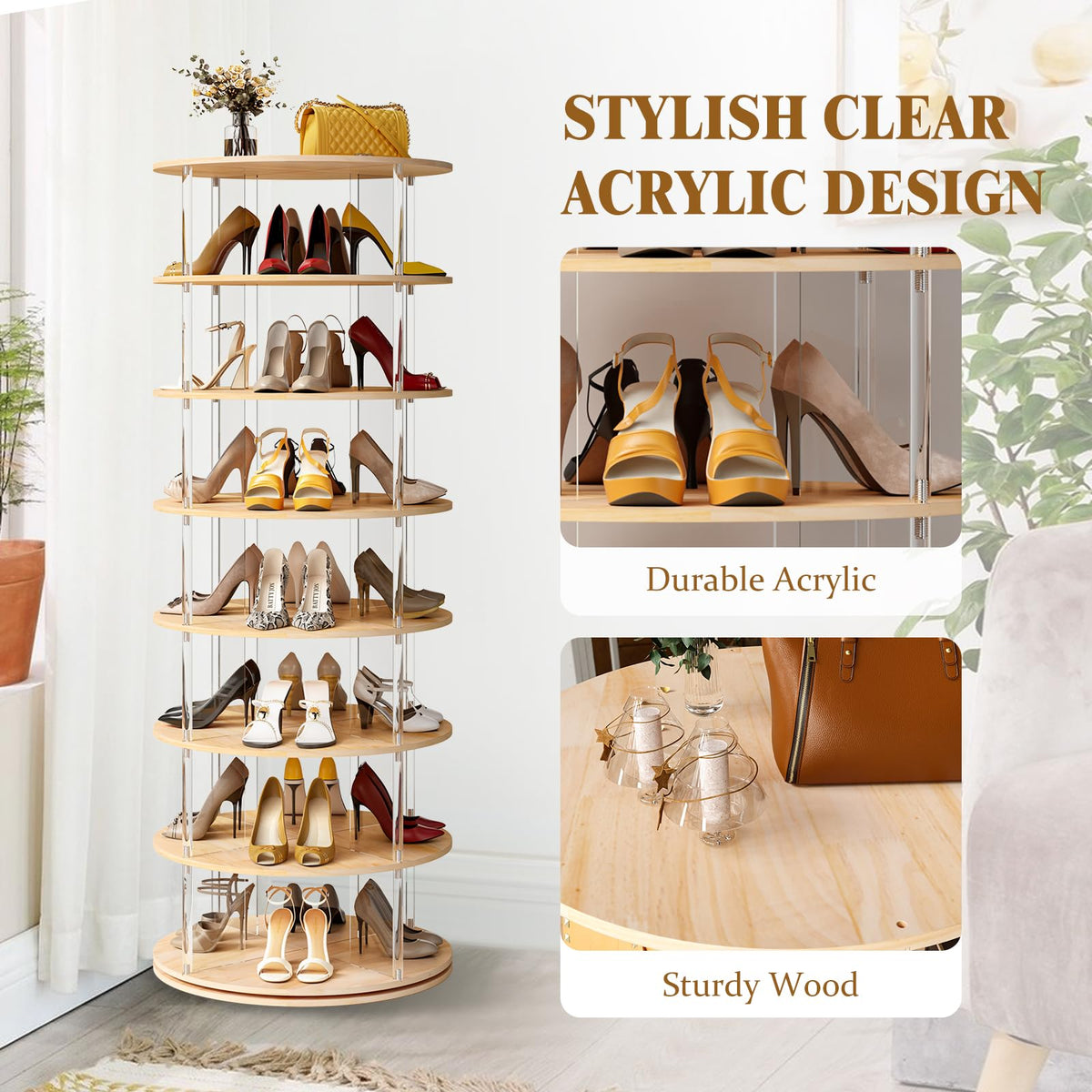 7 tier rotating shoe rack 360 degree spinning lazy susan tower acrylic wood shelf closet entryway bedroom
