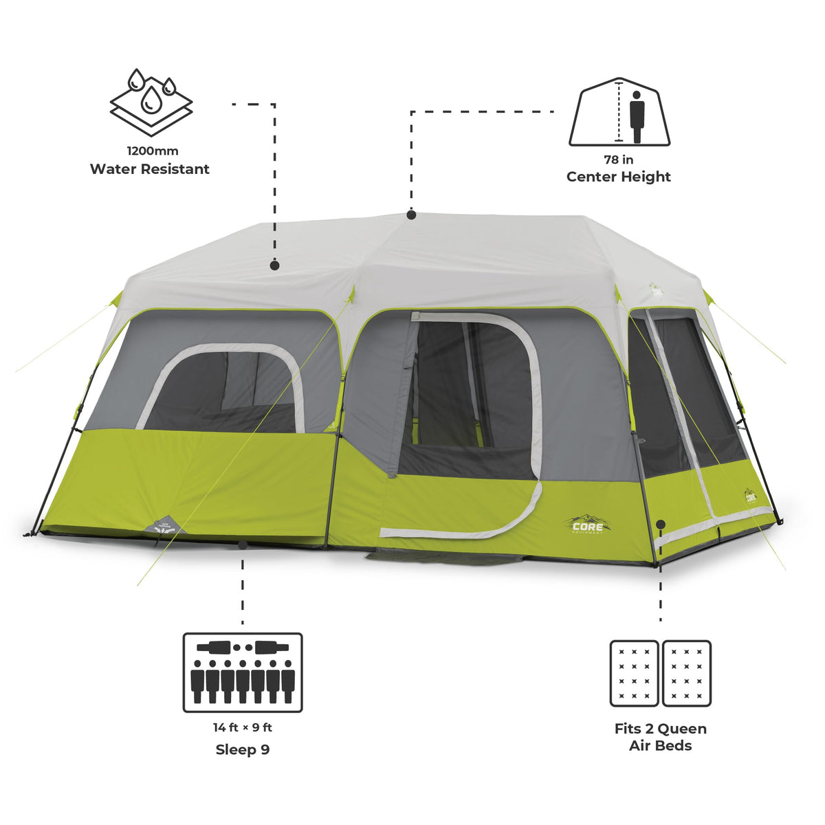 Instant cabin tent multi room portable pop up tent for 2 minute camp setup sleeps 9 people 14 x 9 ft 3 room