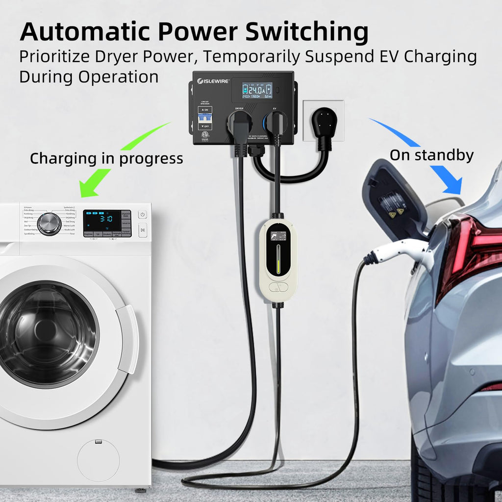 Smart Dryer Splitter EV Dryer 240V Auto Power Switch 3 Color LED 3.4 in LCD No Rewiring ETL 24 amp NEMA 10-30