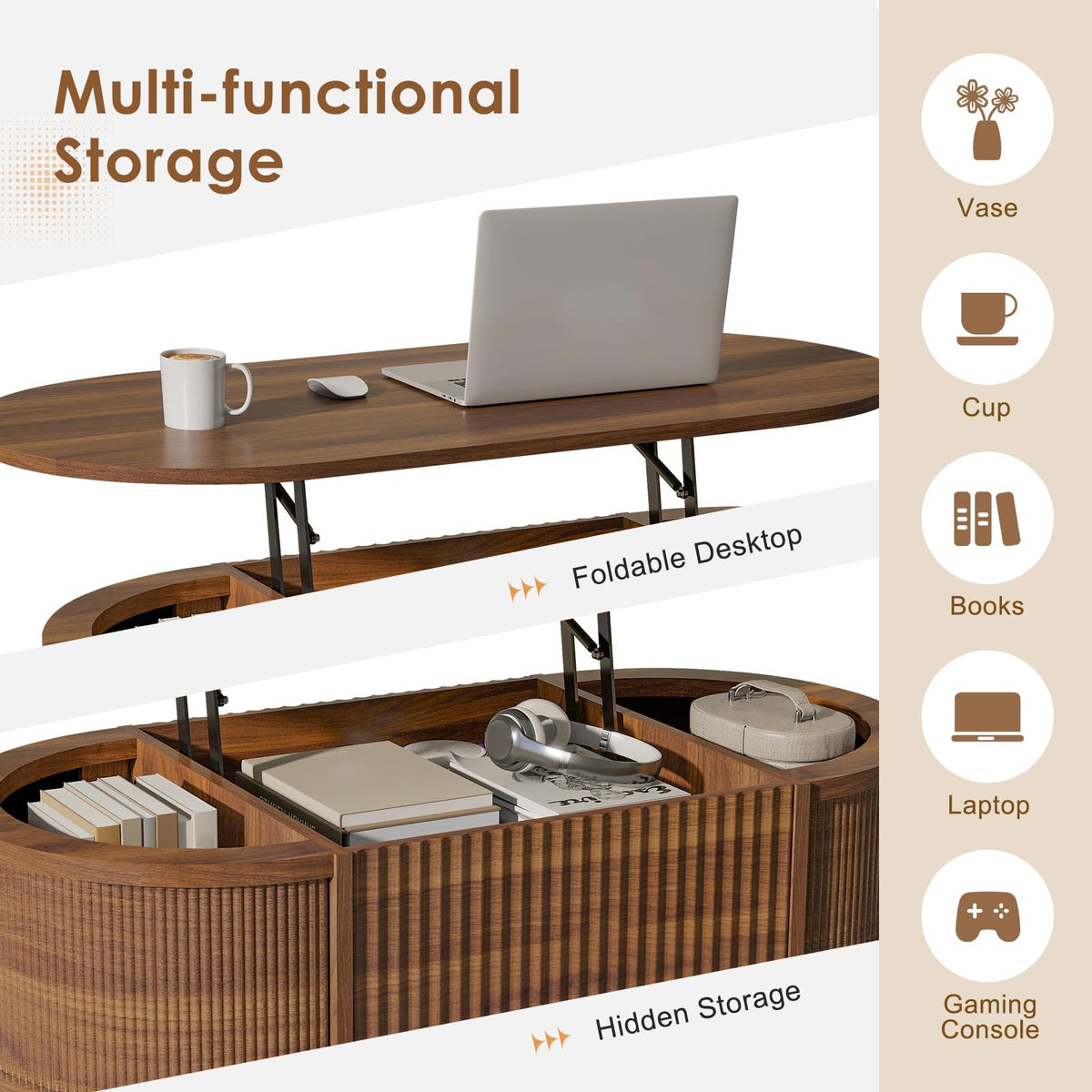 43.3 Inch Fluted Oval Lift Top Coffee Table with Storage, Walnut Finish
