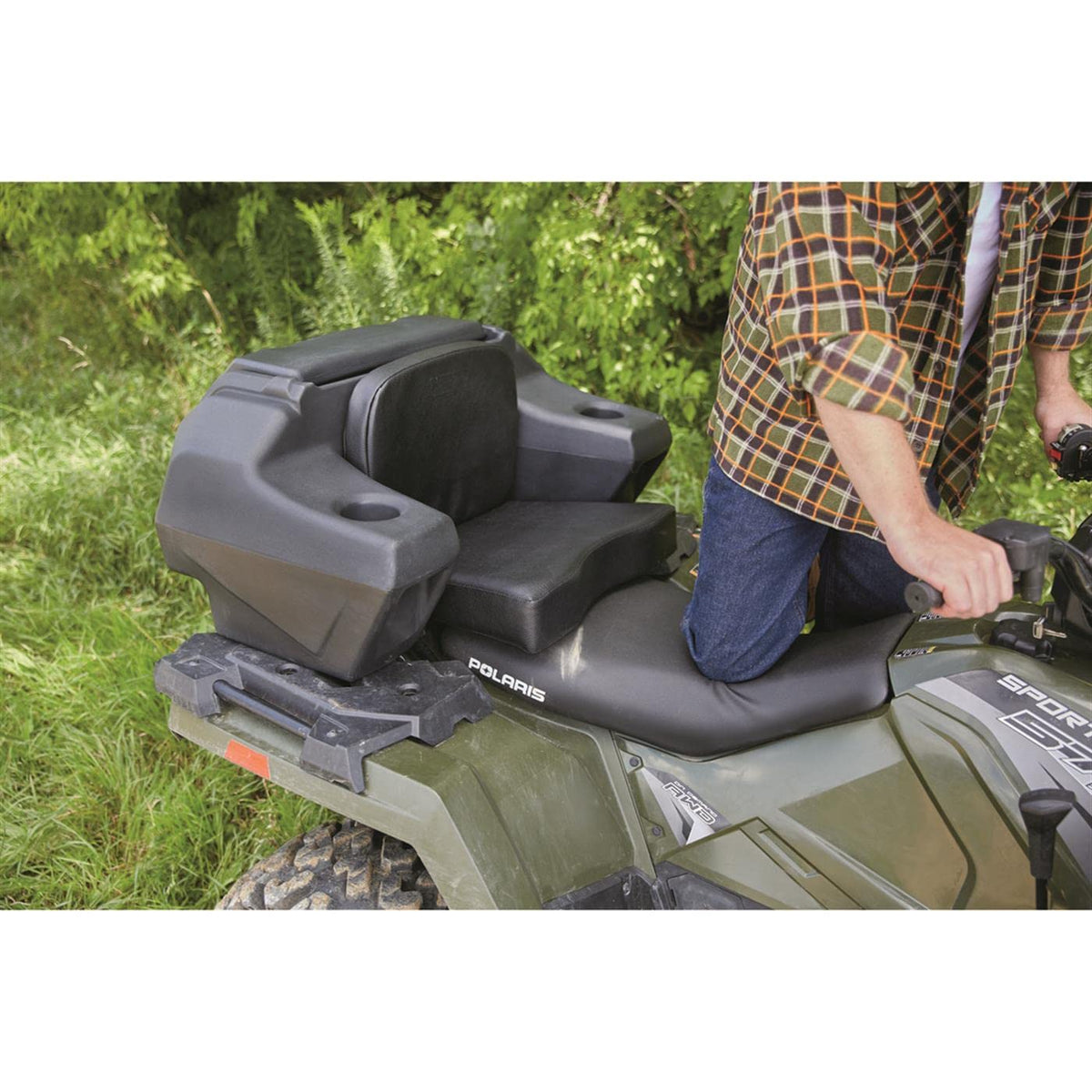 ATV lounger seat with storage large cushion padded backrest cargo box helmet holder heavy duty universal