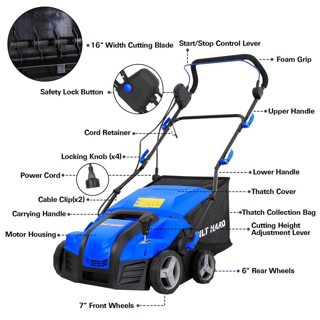 16 Inch Electric Dethatcher Scarifier 15A Copper Motor 5 Position Depth Adjust 14.5 gal Bag 2 in 1 Walk Behind