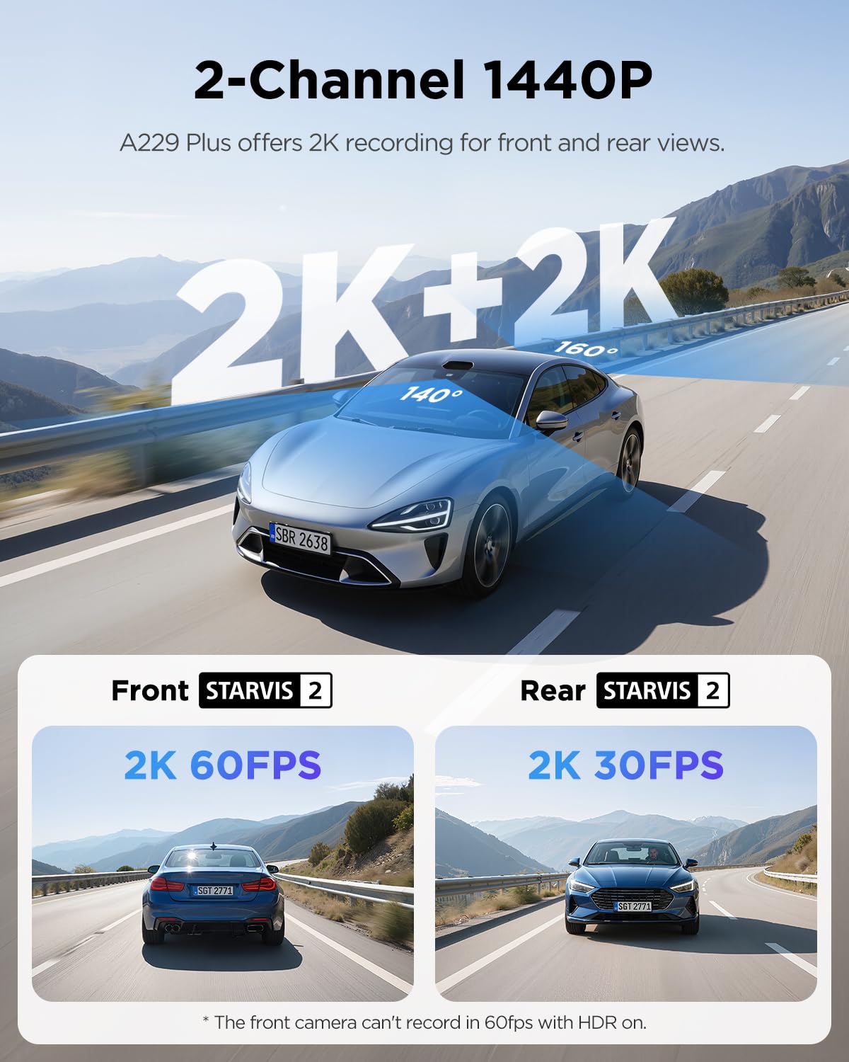 Front and Rear 2K Dash Cam, Dual STARVIS 2 Sensors, HDR, A229 Plus