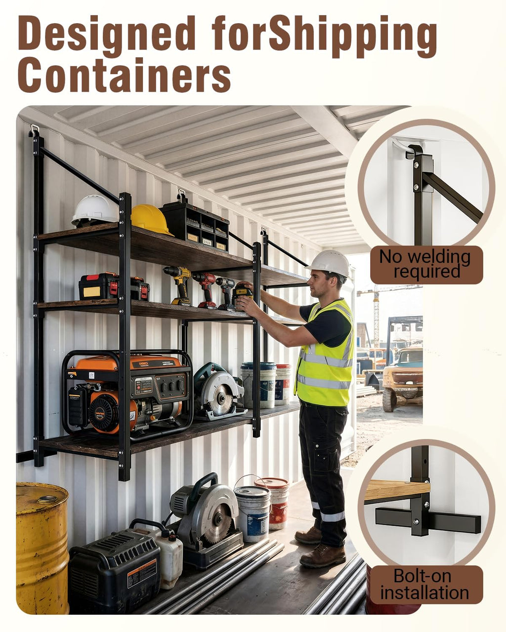 Shipping container shelving brackets D ring mount 3 tier 4 pack heavy duty storage organizer