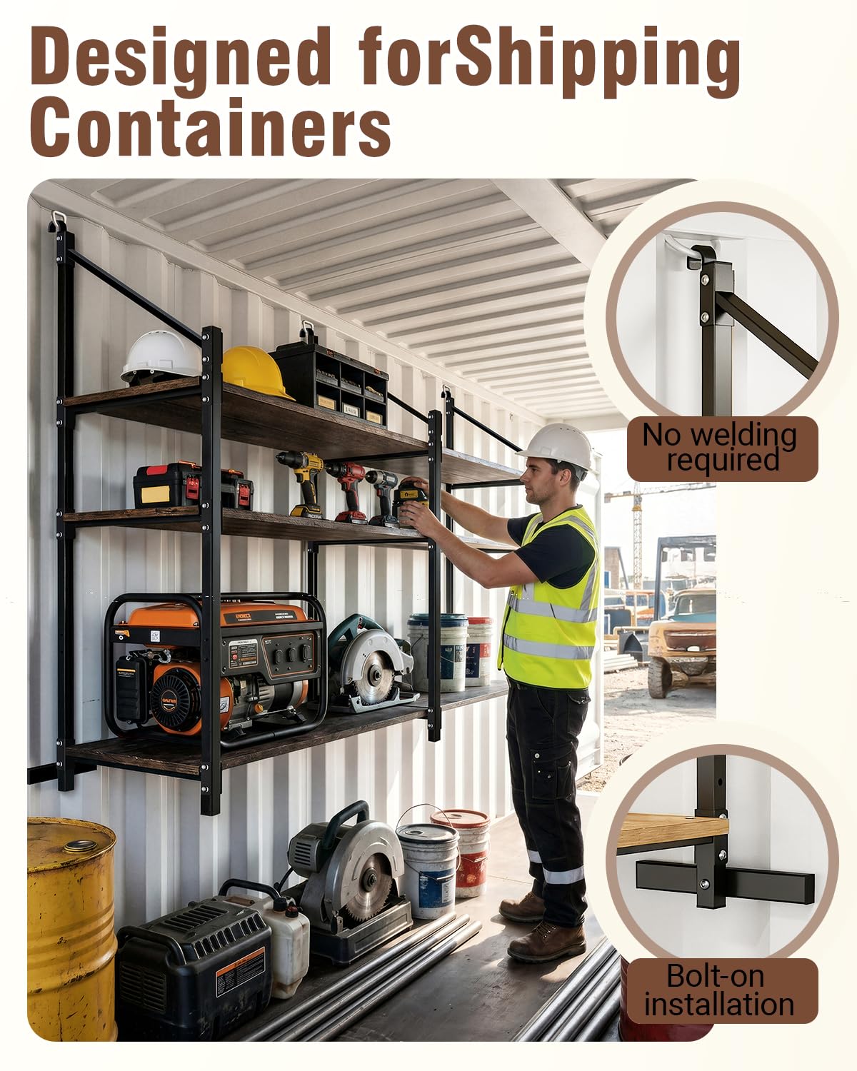 Shipping container shelving brackets D ring mount 3 tier 4 pack heavy duty storage organizer