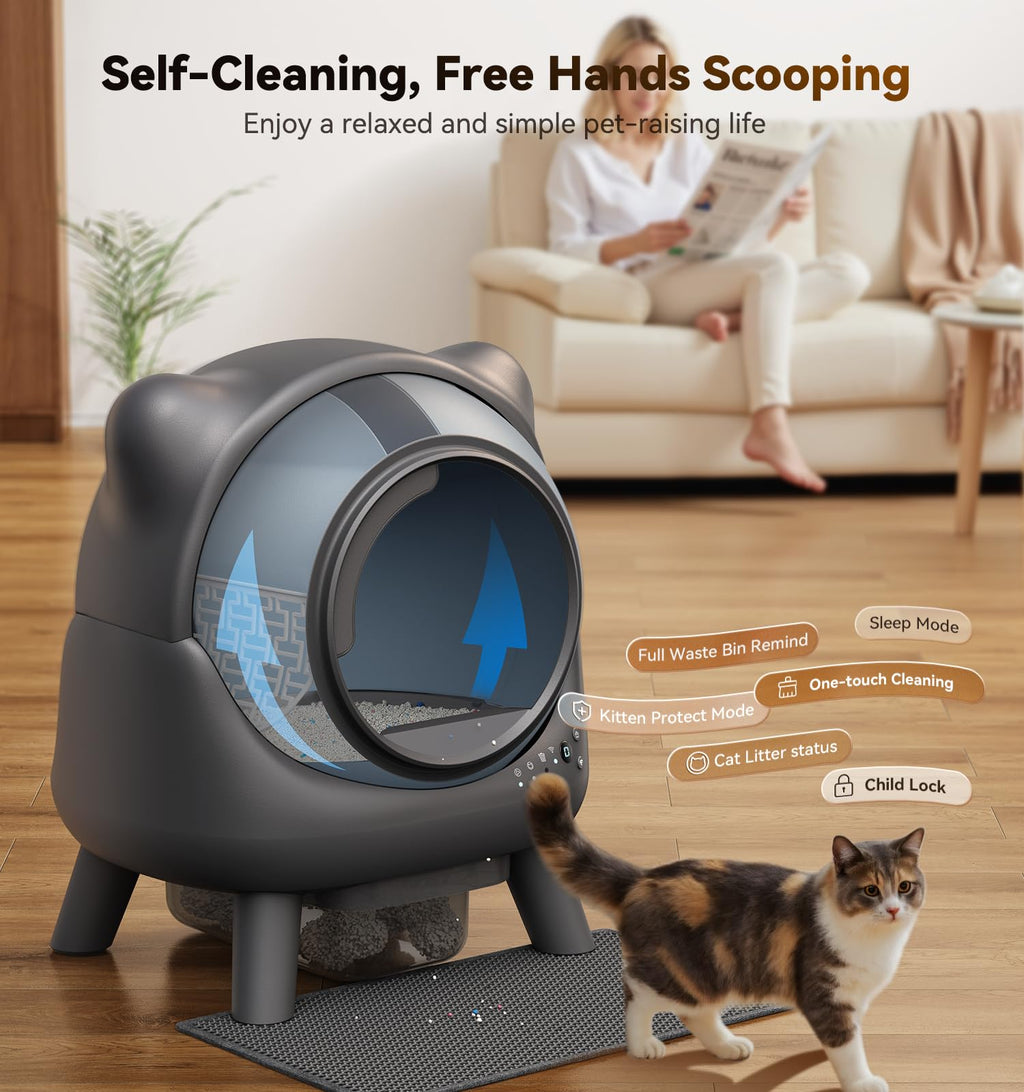 Auto Self Cleaning Litter Box Odor Control Robot Cat Ear 65L App Monitor Multi Cat Safety Sensor 1 Trash Bag