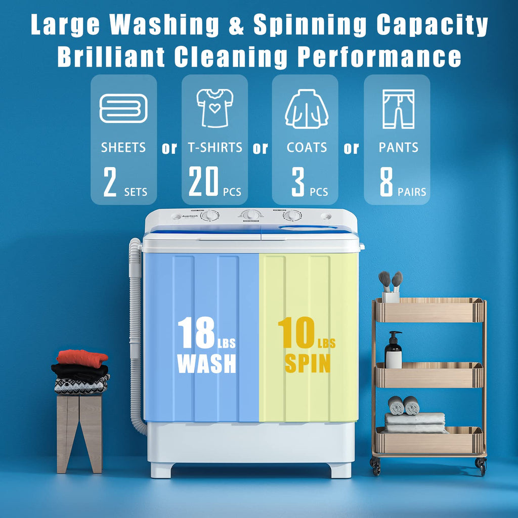 Portable 28lbs Twin Tub Washer with Drain Pump Semi automatic 18lbs Washer 10lbs Spinner Combo for Dorms RVs