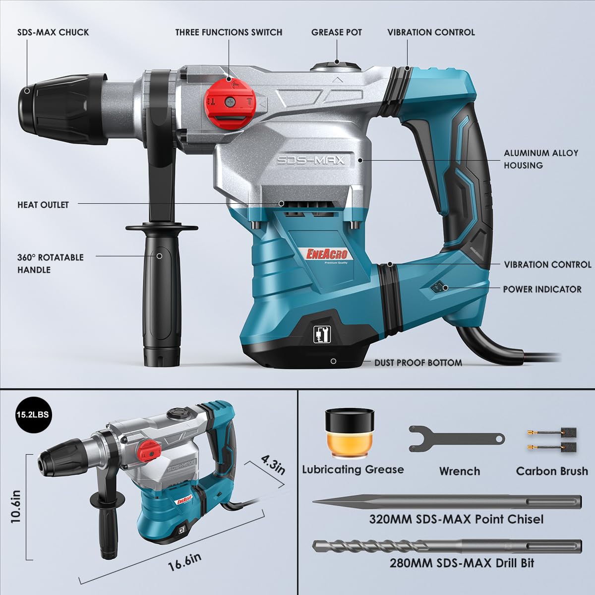 Heavy Duty SDS Max Rotary Hammer Drill 9 ft lbs 3 Functions for Concrete Drilling Demolition