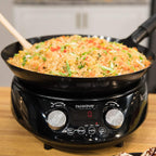 Electric induction wok with 3 wattages 600W 900W and 1500W 100°F to 575°F in 5°F cooking increments