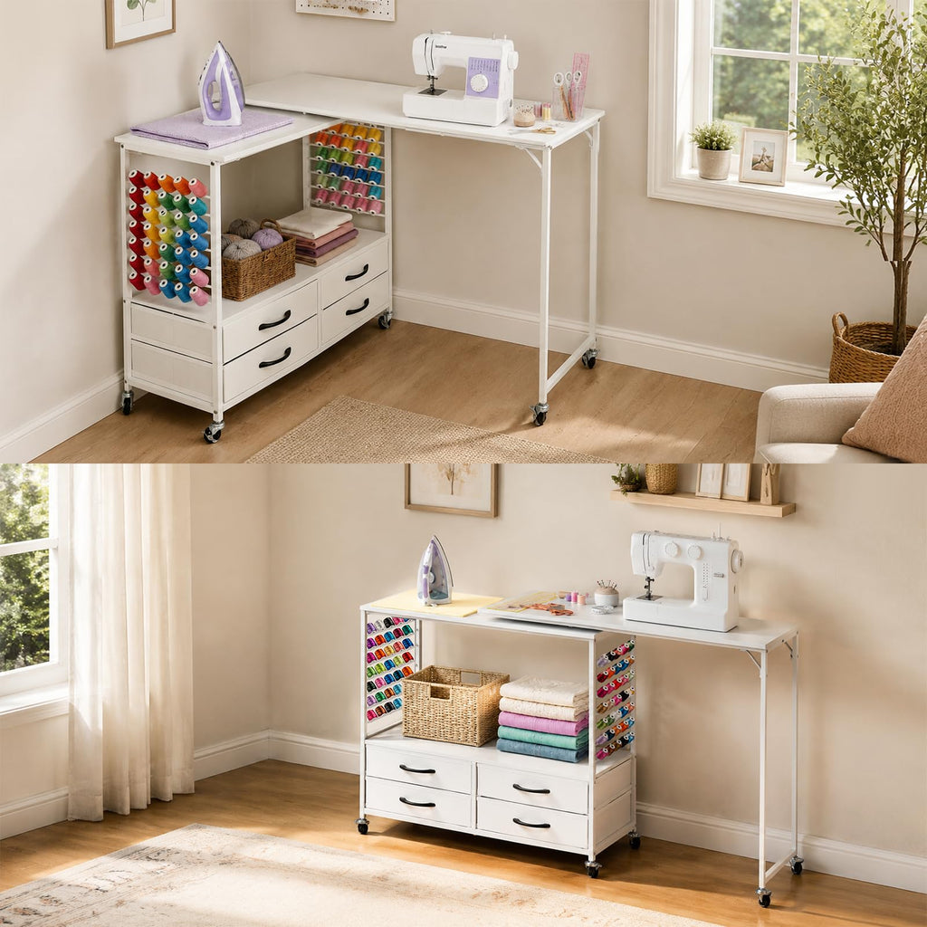 Folding sewing table with storage 46.5 inch 70 pegs and 4 drawers craft organizer for sewing room