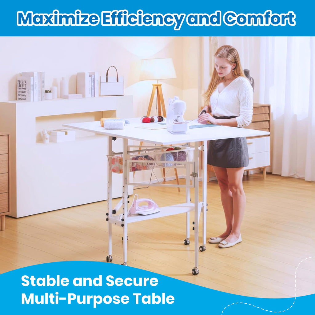 Folding adjustable height sewing craft table with drawers white home hobby workstation desk