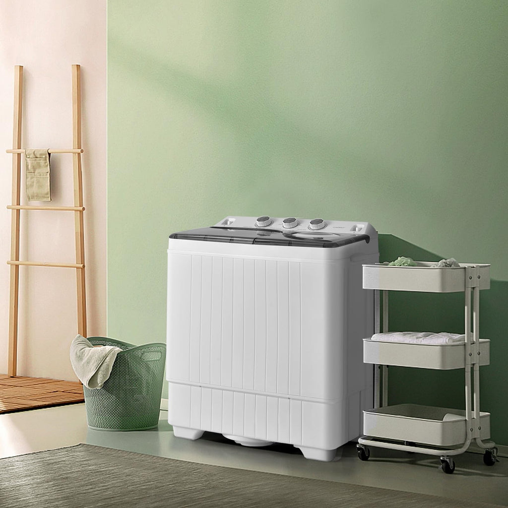 Portable Twin Tub Washing Machine 26lbs 18lbs Washer 8lbs Spinner Timer Knobs Drain Pump Compact Grey White