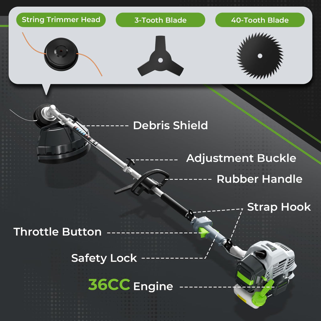 36CC 3 in 1 Gas Powered Weed Trimmer and String Trimmer with Brush Cutter and 3 and 40 Tooth Blades