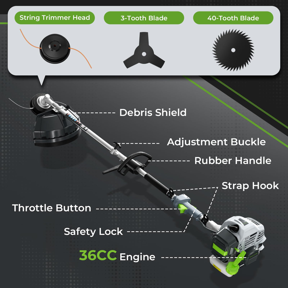 36CC 3 in 1 Gas Powered Weed Trimmer and String Trimmer with Brush Cutter and 3 and 40 Tooth Blades