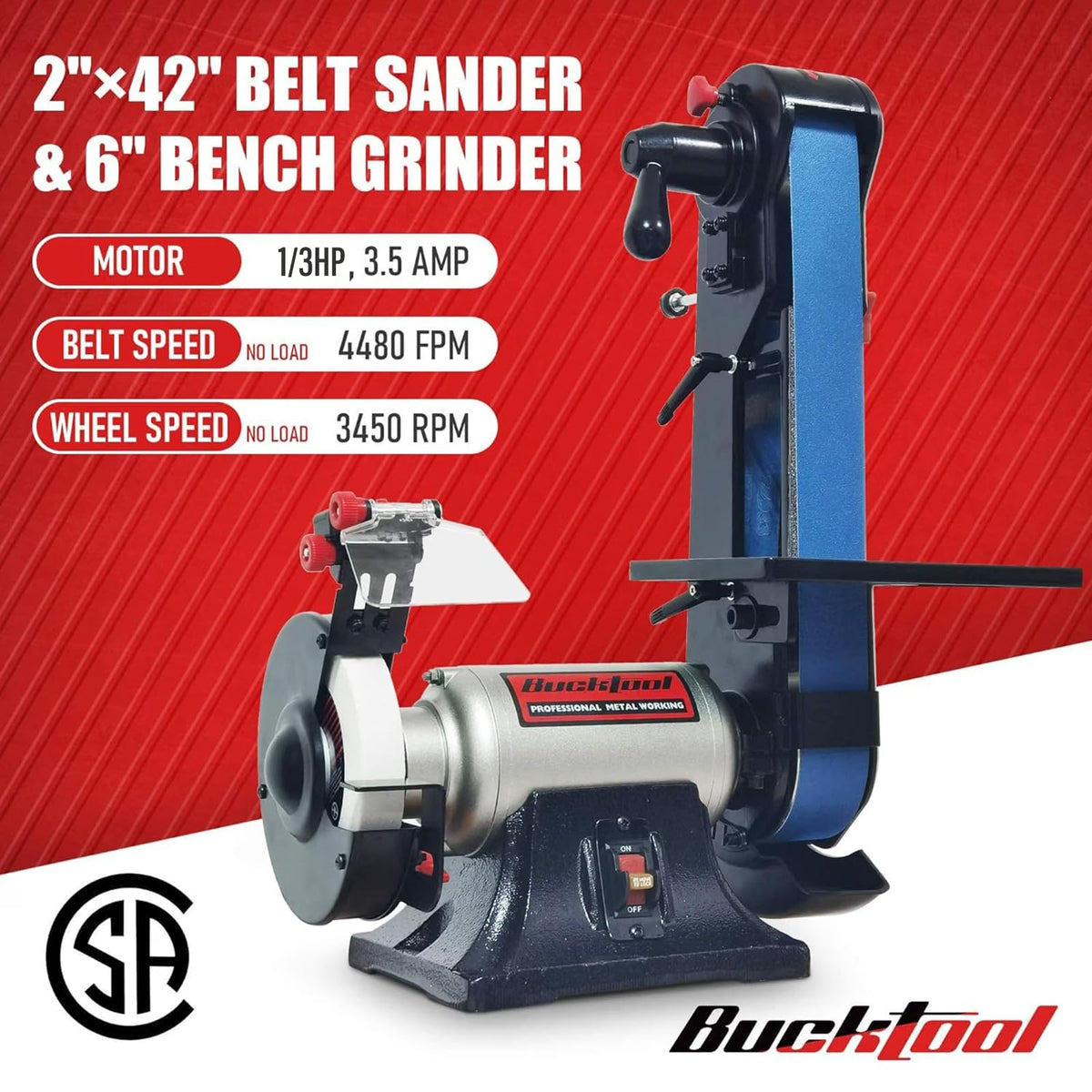 2x42 in Belt Sander and 6 in Bench Grinder Combo for Metalworking 3.5A Motor Workshop Tool