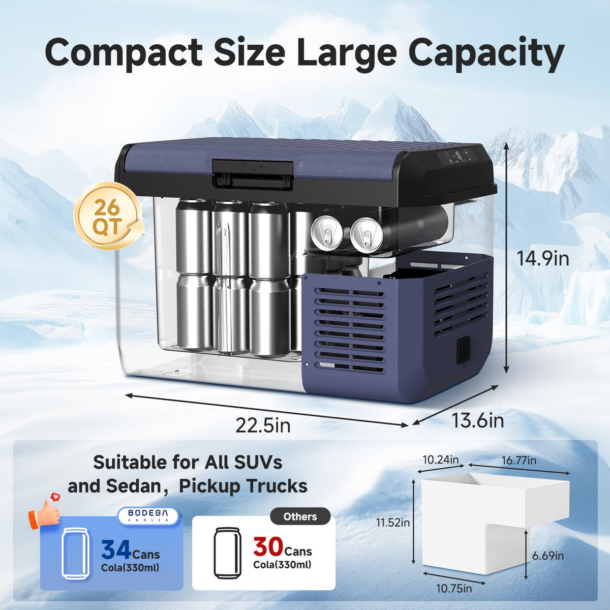 Car Refrigerator 26QT Portable Freezer IPX4 Waterproof Cooler Ultra Quiet Truck Camping Travel 12V 24V DC AC