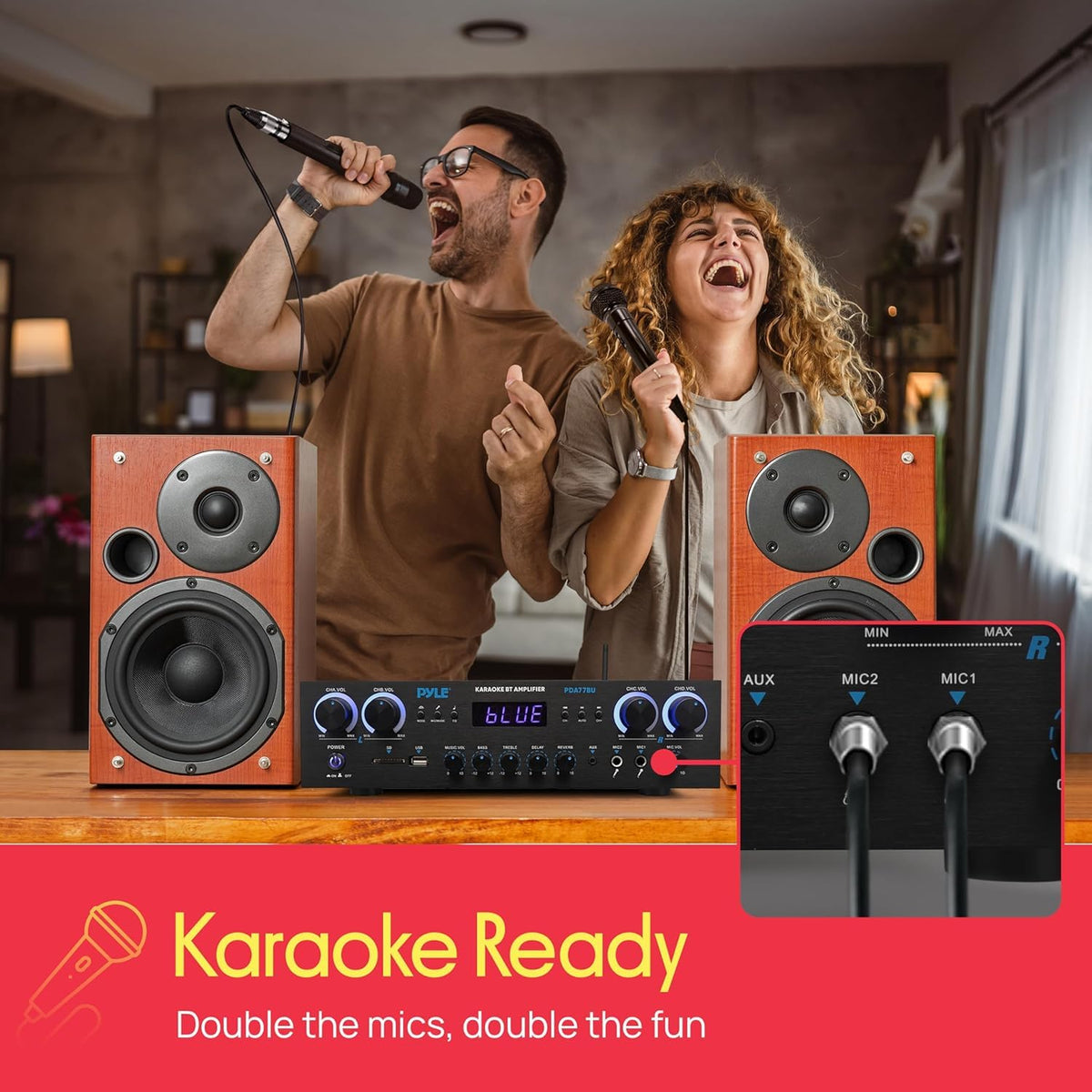 Bluetooth Home Stereo Receiver 4 Channel 800W Amplifier USB MP3 Karaoke Mic Vol Reverb Delay RCA SD FM PDA77BU