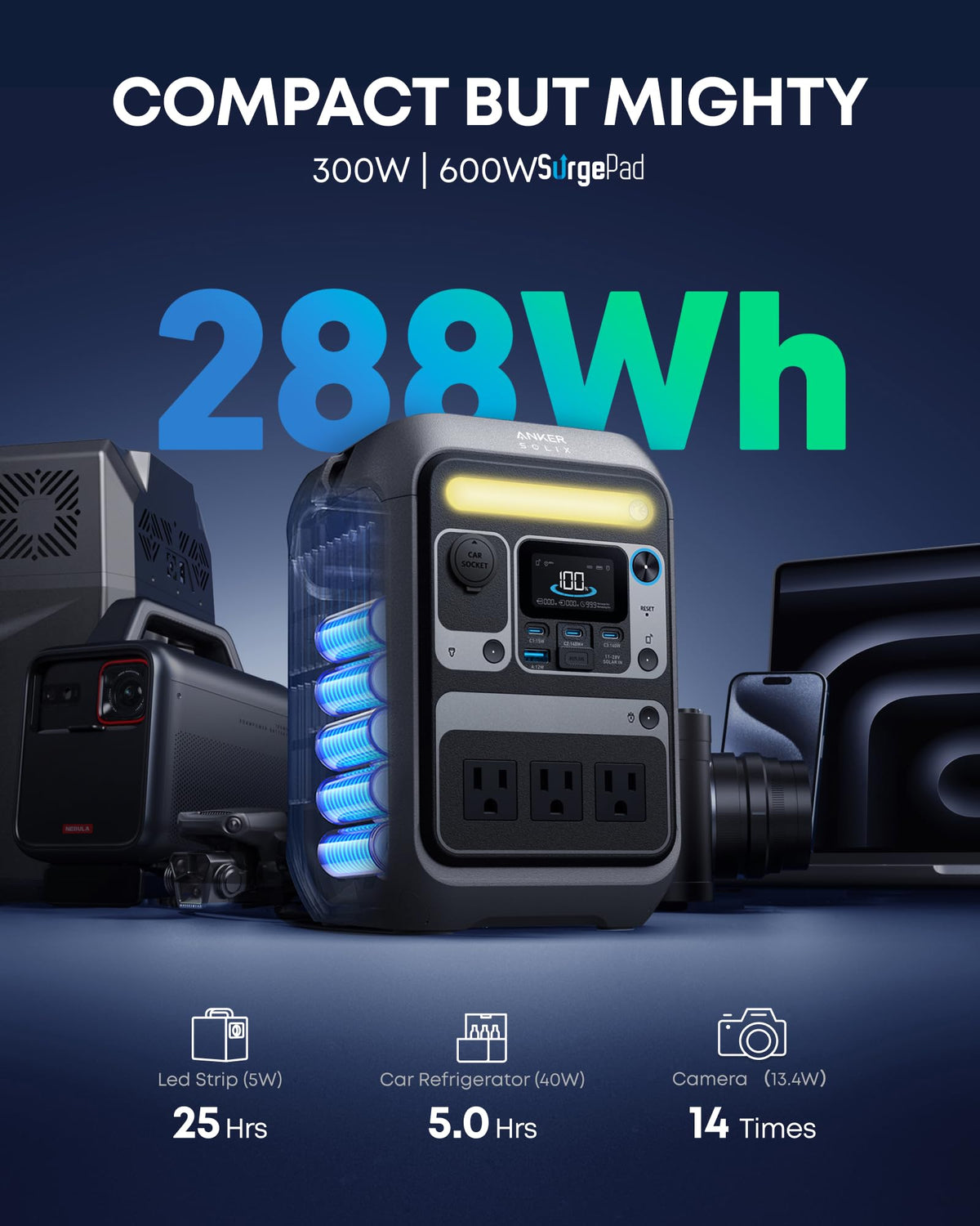 C300 portable power station 288Wh LiFePO4 battery 300W AC output solar generator for camping outdoor