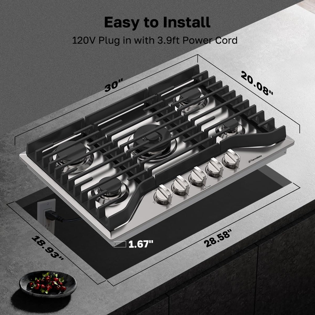 Heavy 30 Inch Gas Cooktop 5 Sabaf Burners 304 Stainless Steel Built In NG LPG Convertible Thermocouple